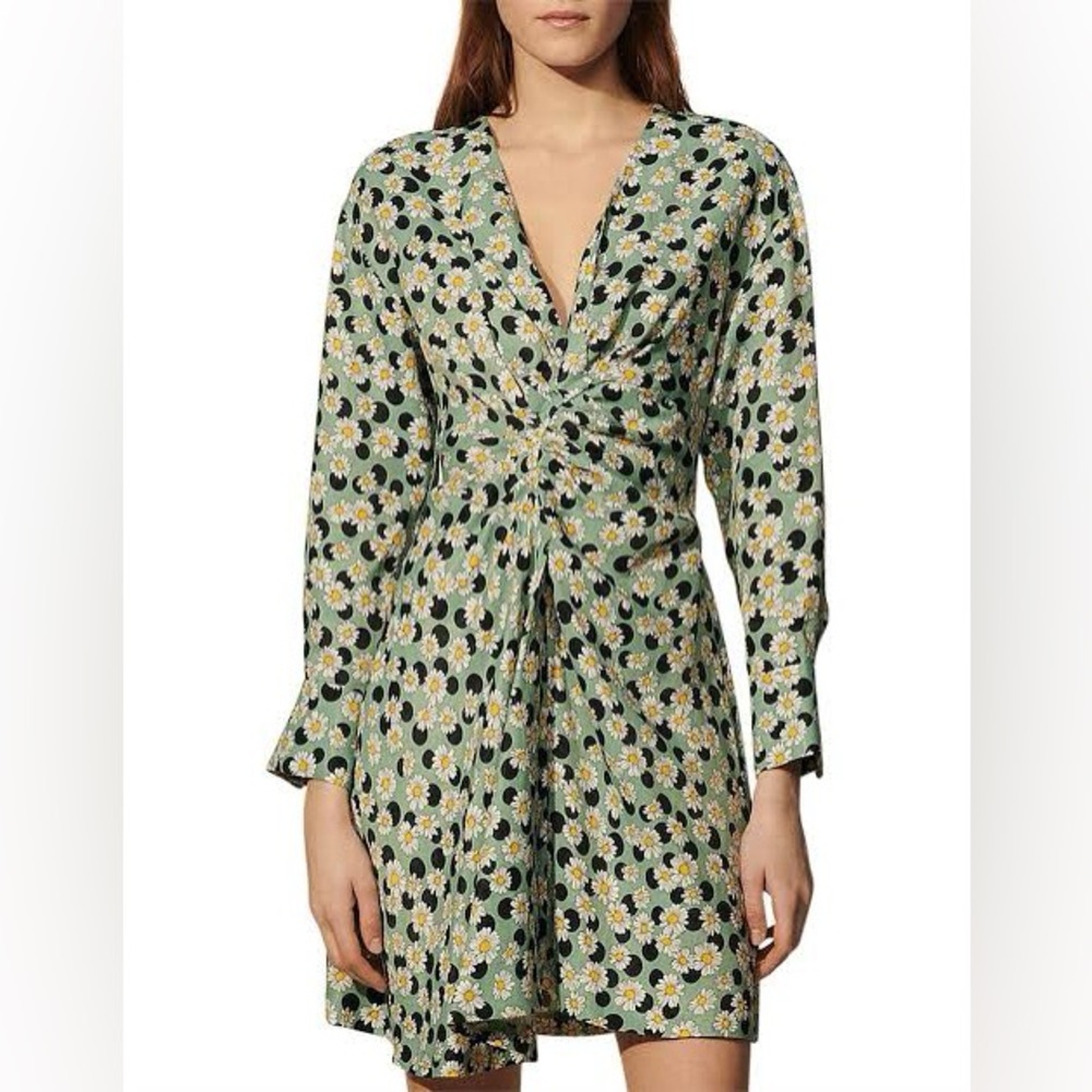 Sandro Green Floral Twist-Front Mini Dress